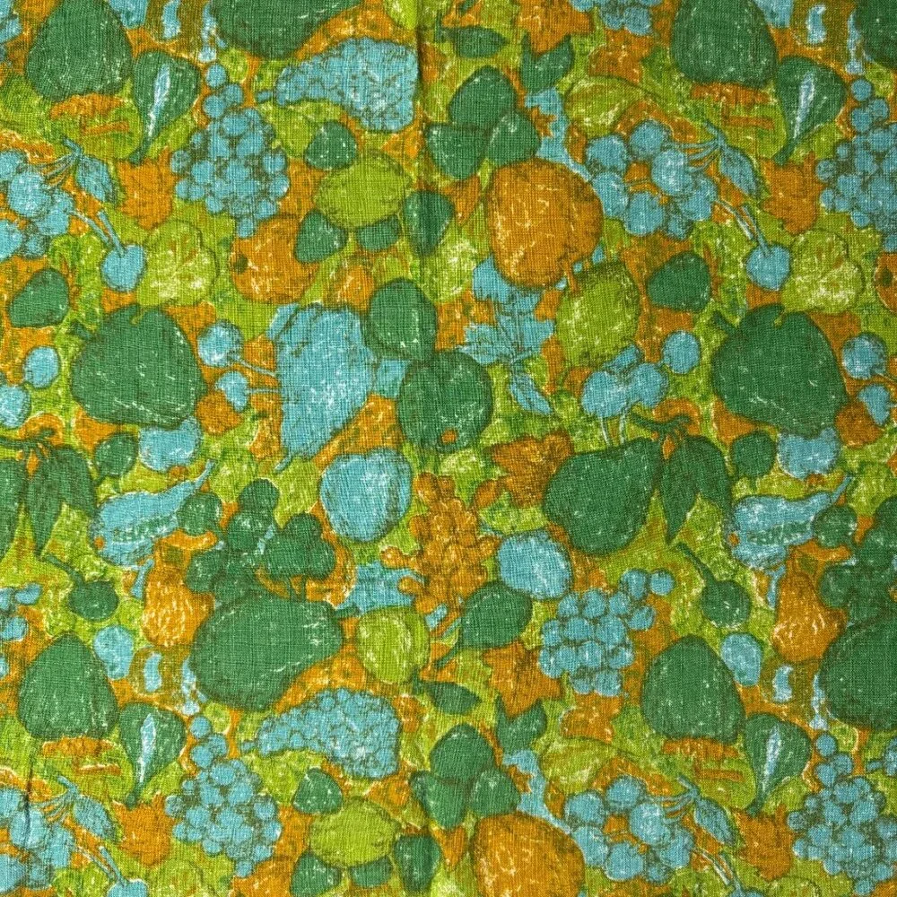 West Elm Retro Tablecloth Square Green Blue Orange Fruit Pear Grapes 45 x 55 in